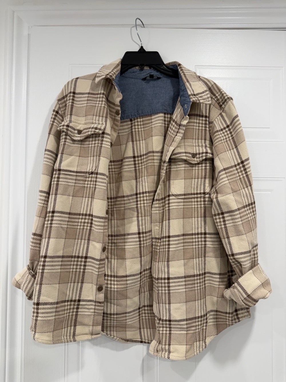 Men's Beige Plaid Button-Up Shacket Jacket